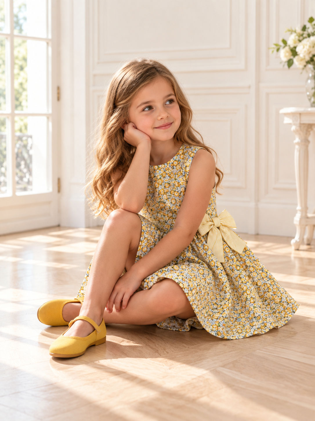 Alessandra Yellow Floral Dress With Bow