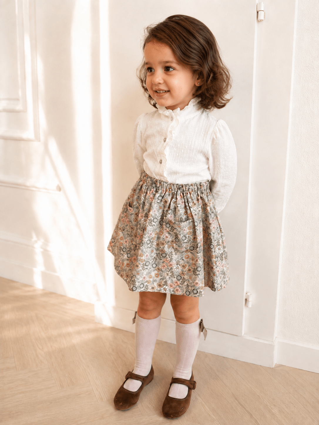 Beige Plumeti Blouse with Embroidery - Mi Nina Kids