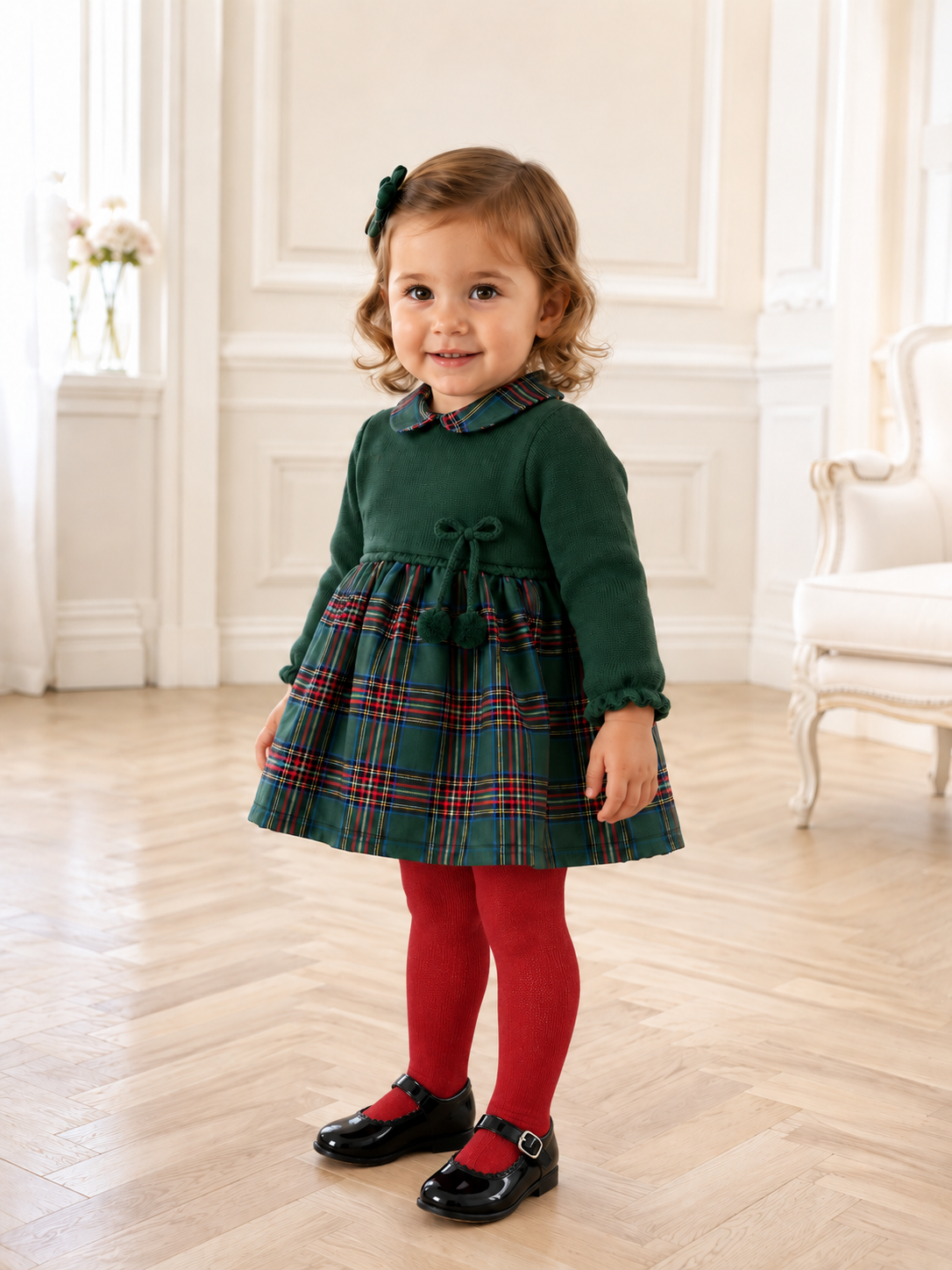 Green Knit Baby Dress with Plaid Skirt