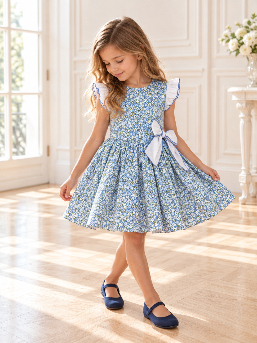 Alessandra Blue Floral Dress With Bow