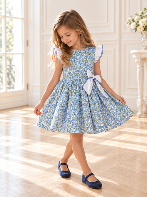 Alessandra Blue Floral Dress With Bow