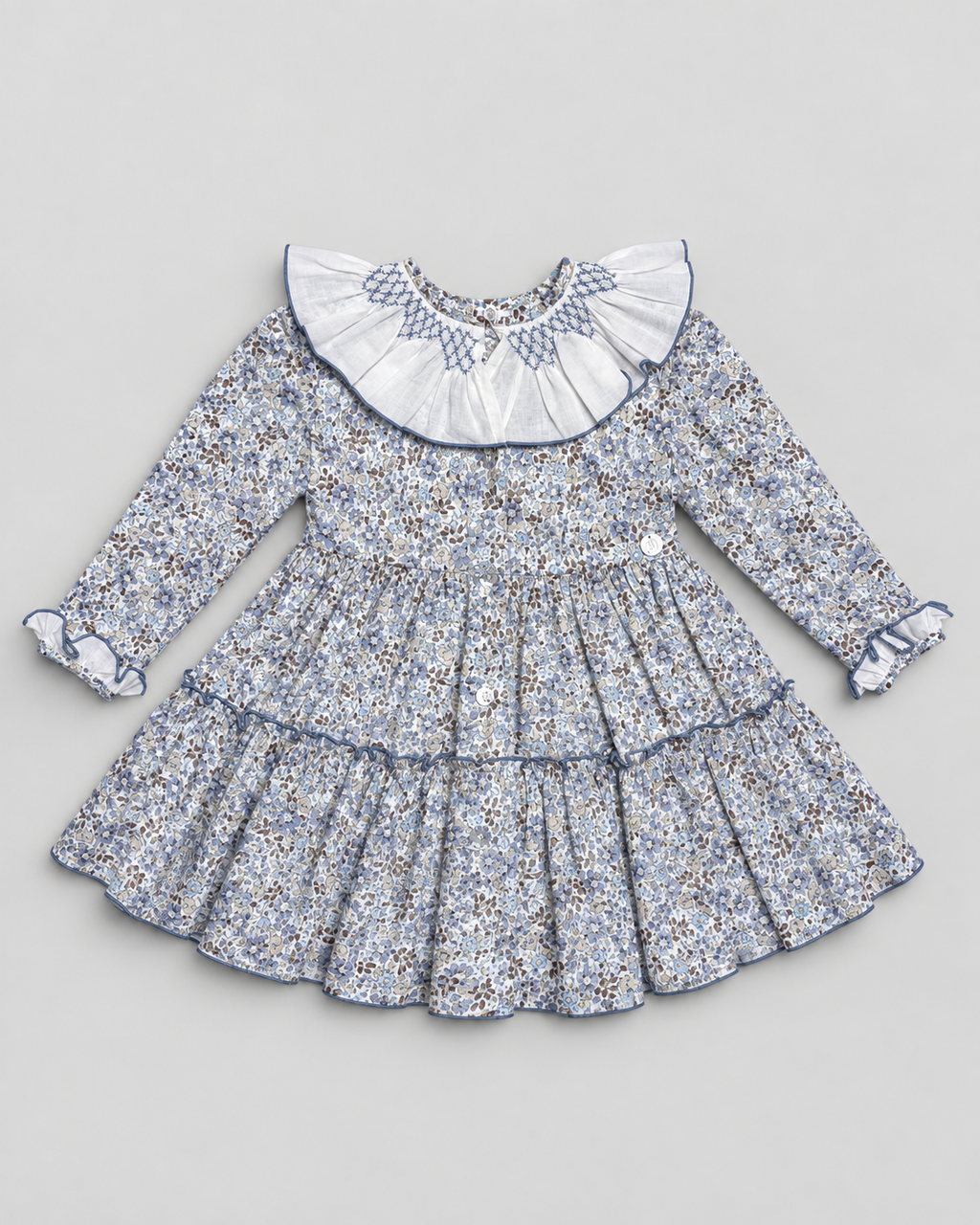Sofia blaues gesmoktes Kleid mit Blumenmuster