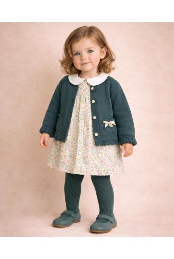 Dark green knitted kids cardigan with metallic bow and pearl initial button
