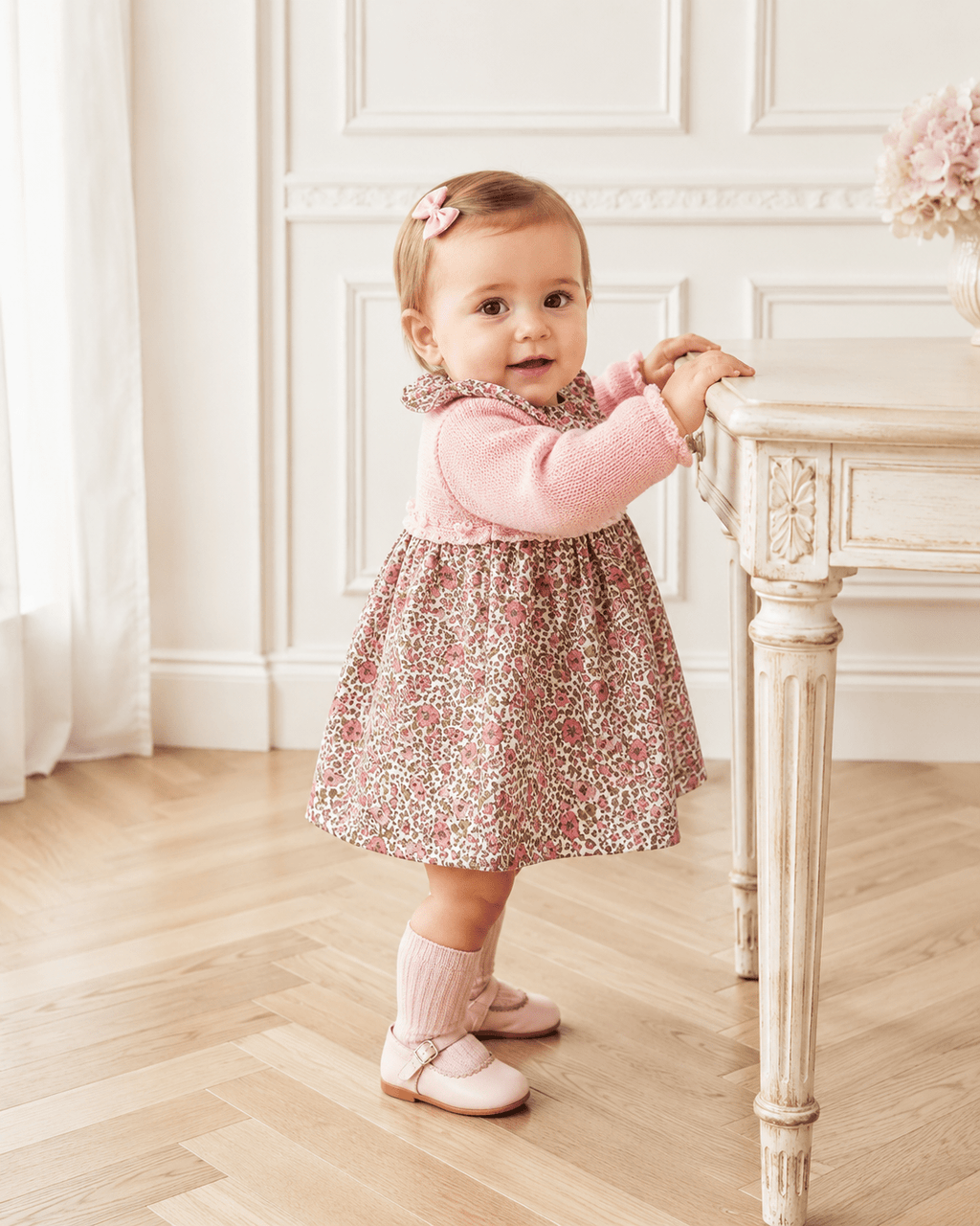 Pink Knit Baby Dress with Floral Skirt - Mi Nina Kids
