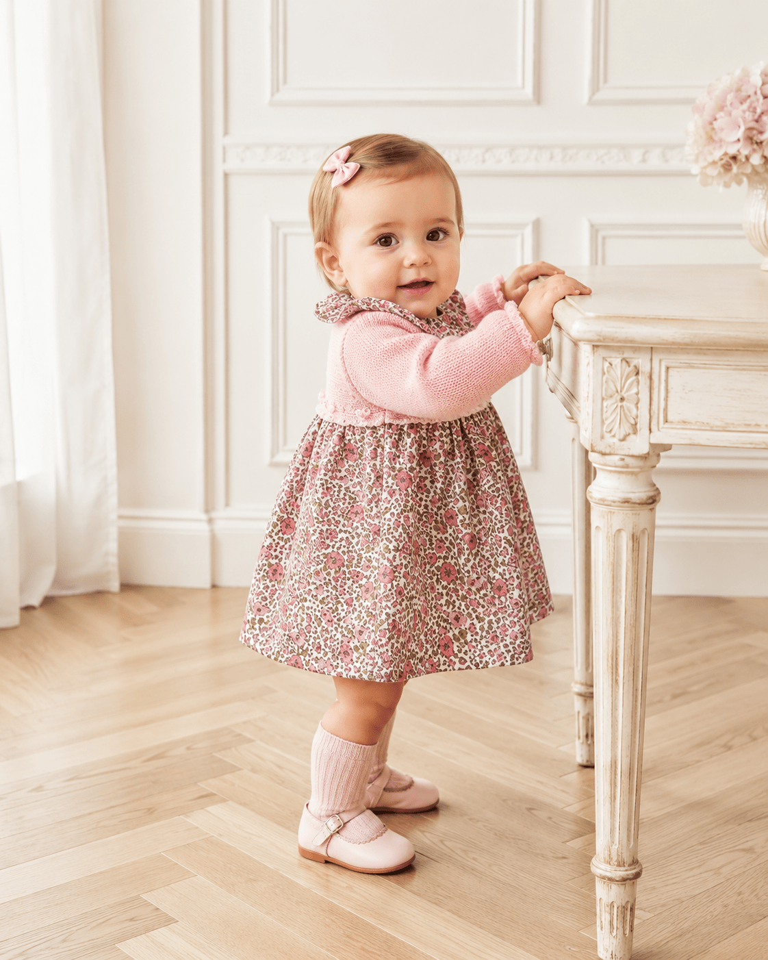 Pink Knit Baby Dress with Floral Skirt - Mi Nina Kids