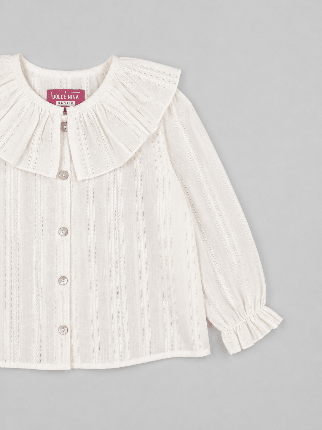 White Textured Blouse with Ruffled Collar - Mi Nina Kids