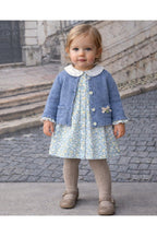 Blue knitted kids cardigan with metallic bow and pearl initial button