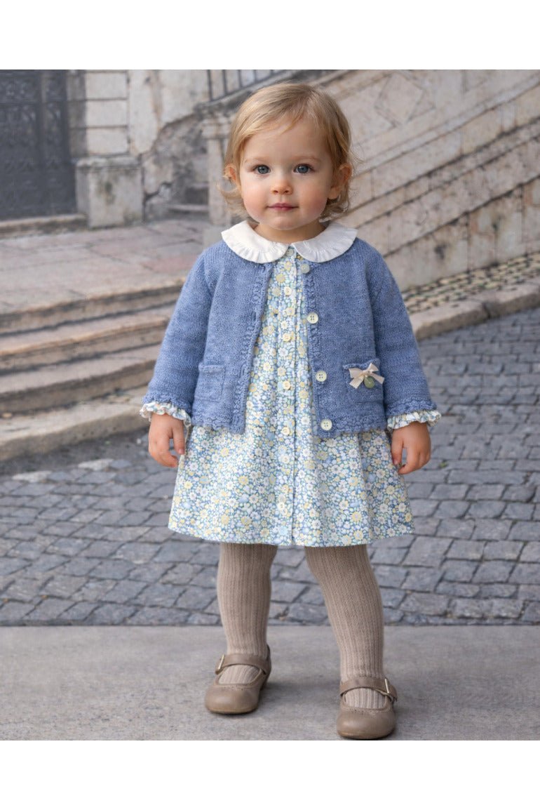 Blue knitted kids cardigan with metallic bow and pearl initial button