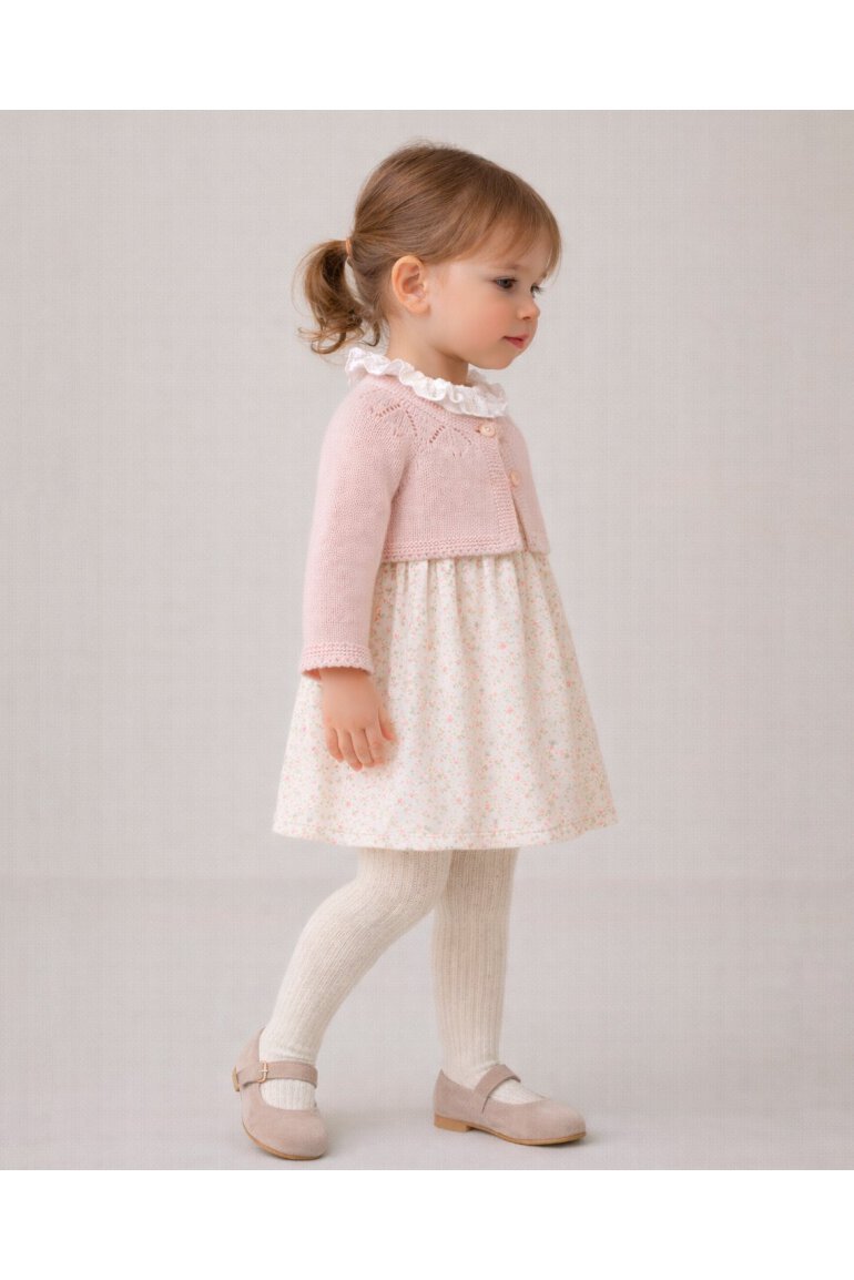 Pink girls cashmere cardigan with eyelets and pearl buttons