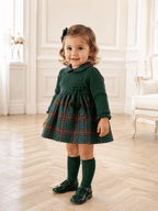 Green Knit Baby Dress with Plaid Skirt - Mi Nina Kids