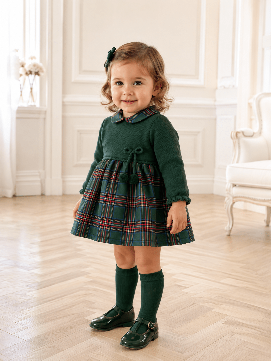 Green Knit Baby Dress with Plaid Skirt - Mi Nina Kids
