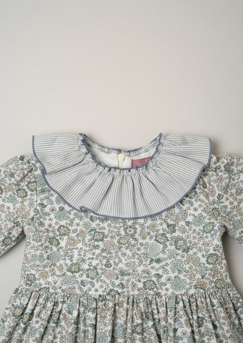 Alba Green Dress - 3 Ruffles In 2 Fabrics