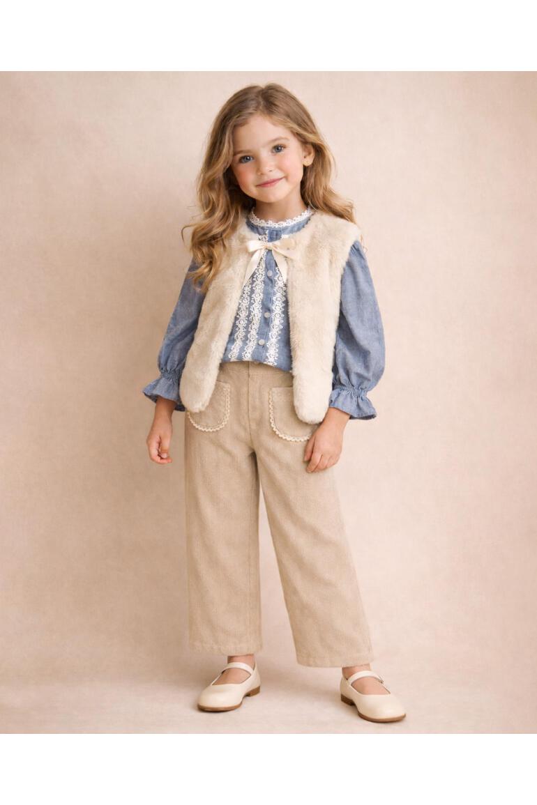 Girl corduroy trousers with patch pockets and ric-rac trim