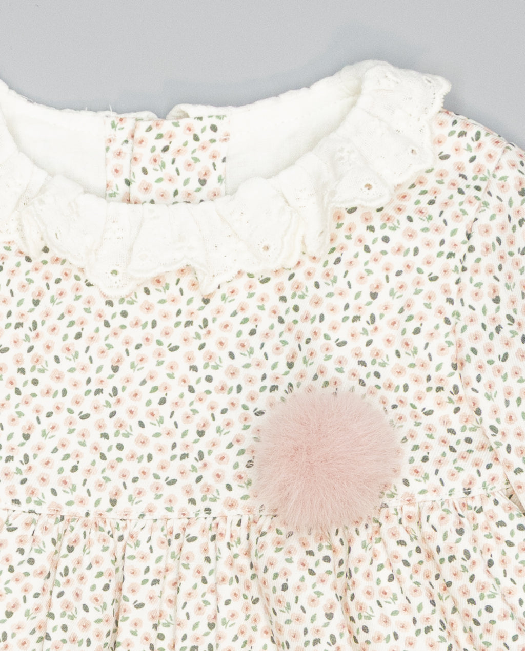 Baby pink floral viella dress with embroidered ruffled collar and long sleeves
