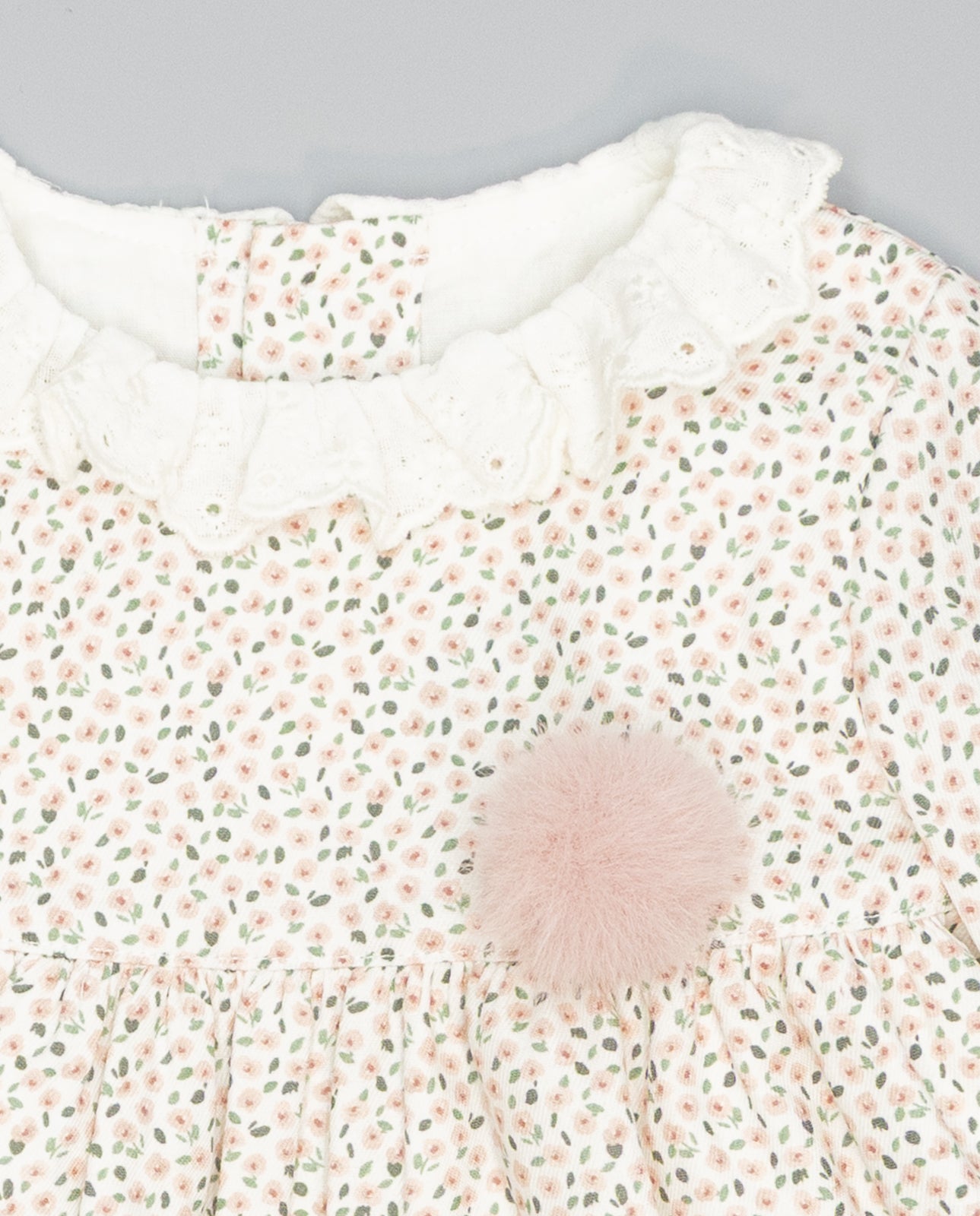 Baby pink floral viella dress with embroidered ruffled collar and long sleeves