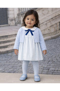 blue girls cashmere cardigan with eyelets and pearl buttons