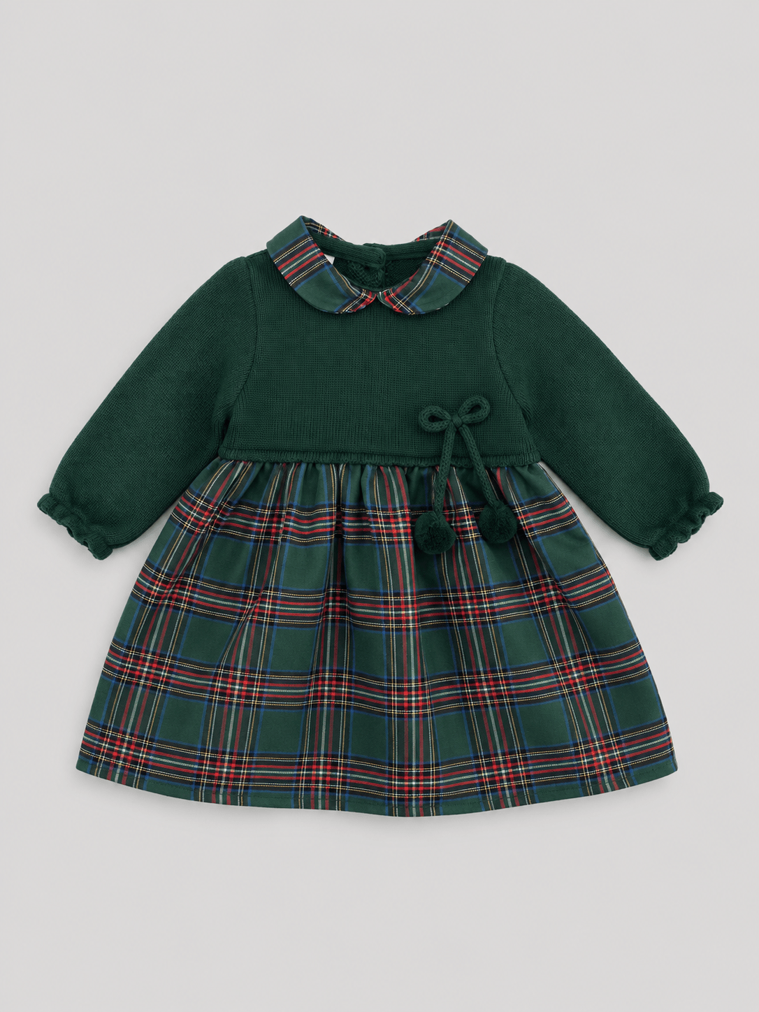 Green Knit Baby Dress with Plaid Skirt - Mi Nina Kids
