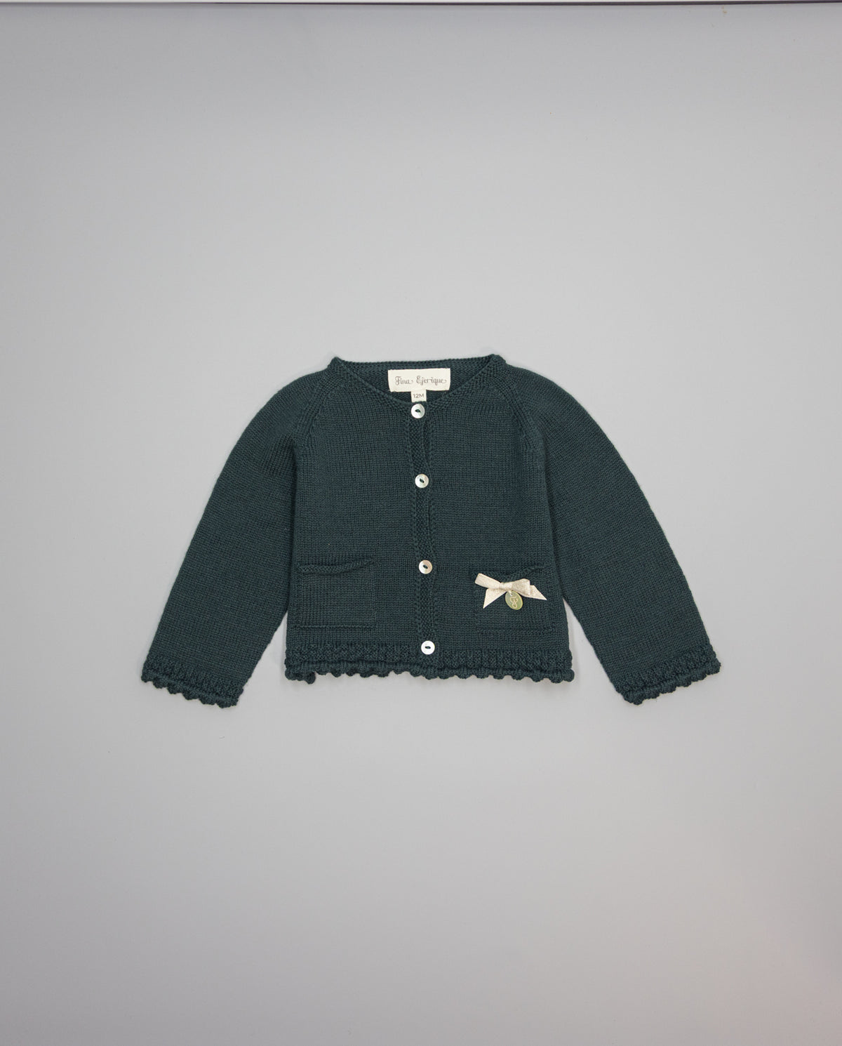 Knit cardigan with metallic bow and pearl initial button - Mi Nina Kids