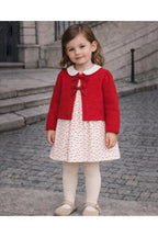 Red knitted kids cardigan with metallic bow and pearl initial button