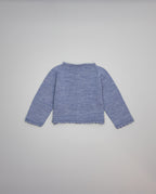 Blue knitted kids cardigan with metallic bow and pearl initial button