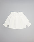 White structured cotton blouse with ruffled front and lace inserts