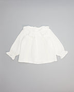White structured cotton blouse with ruffled front and lace inserts
