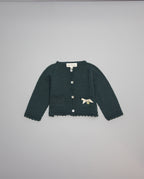 Dark green knitted kids cardigan with metallic bow and pearl initial button