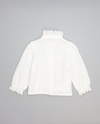 Beige girls cotton shirt with plumeti and embroidered ruffle