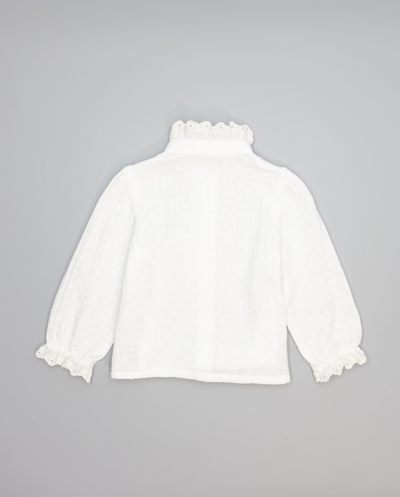 Beige girls cotton shirt with plumeti and embroidered ruffle