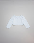 blue girls cashmere cardigan with eyelets and pearl buttons
