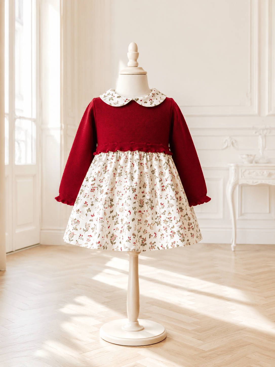 Red Knit Baby Dress with Printed Skirt - Mi Nina Kids