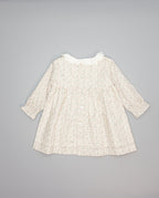 Baby pink floral viella dress with embroidered ruffled collar and long sleeves. 