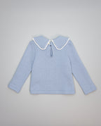 Blue textured knit sweater with guipure collar