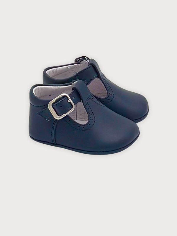 Dark Blue Leather T‑Bar Baby Shoes with Buckle - Mi Nina Kids