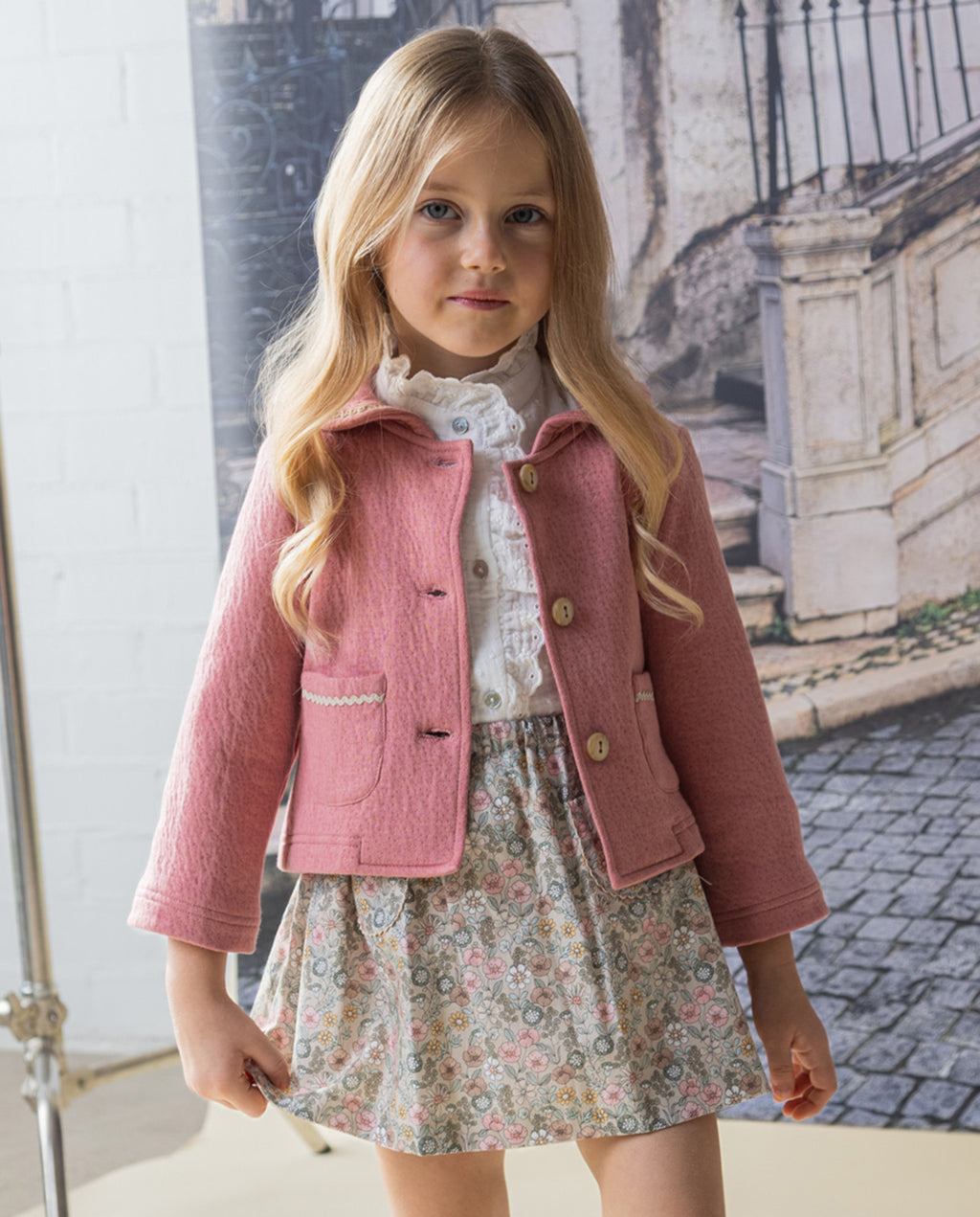 Beige girls cotton shirt with plumeti and embroidered ruffle