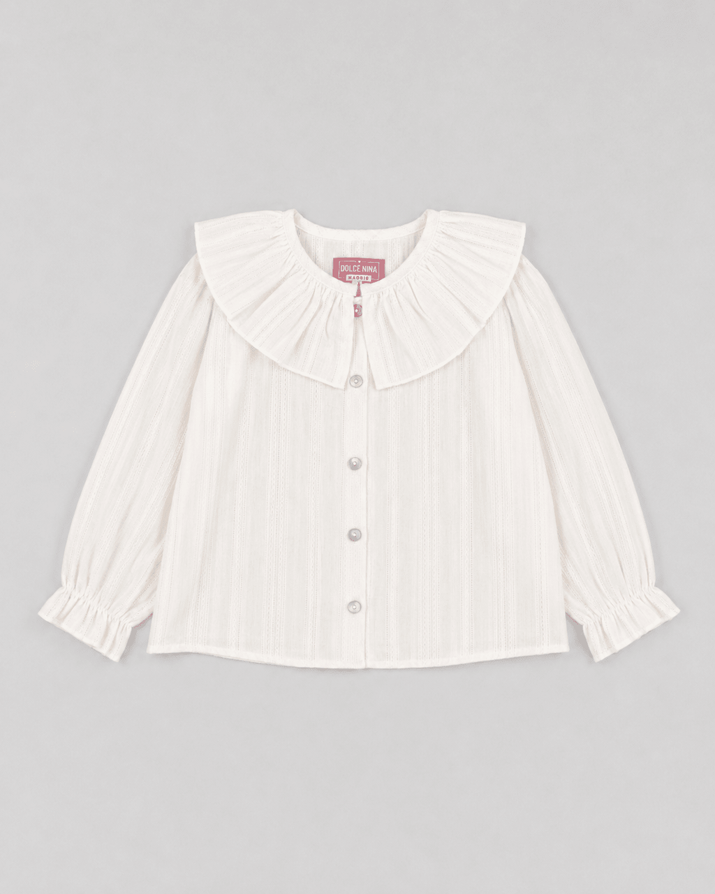 White Textured Blouse with Ruffled Collar - Mi Nina Kids