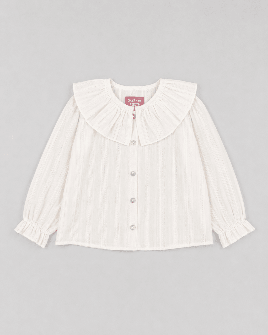 White Textured Blouse with Ruffled Collar - Mi Nina Kids