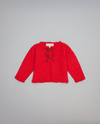 Red knitted kids cardigan with metallic bow and pearl initial button