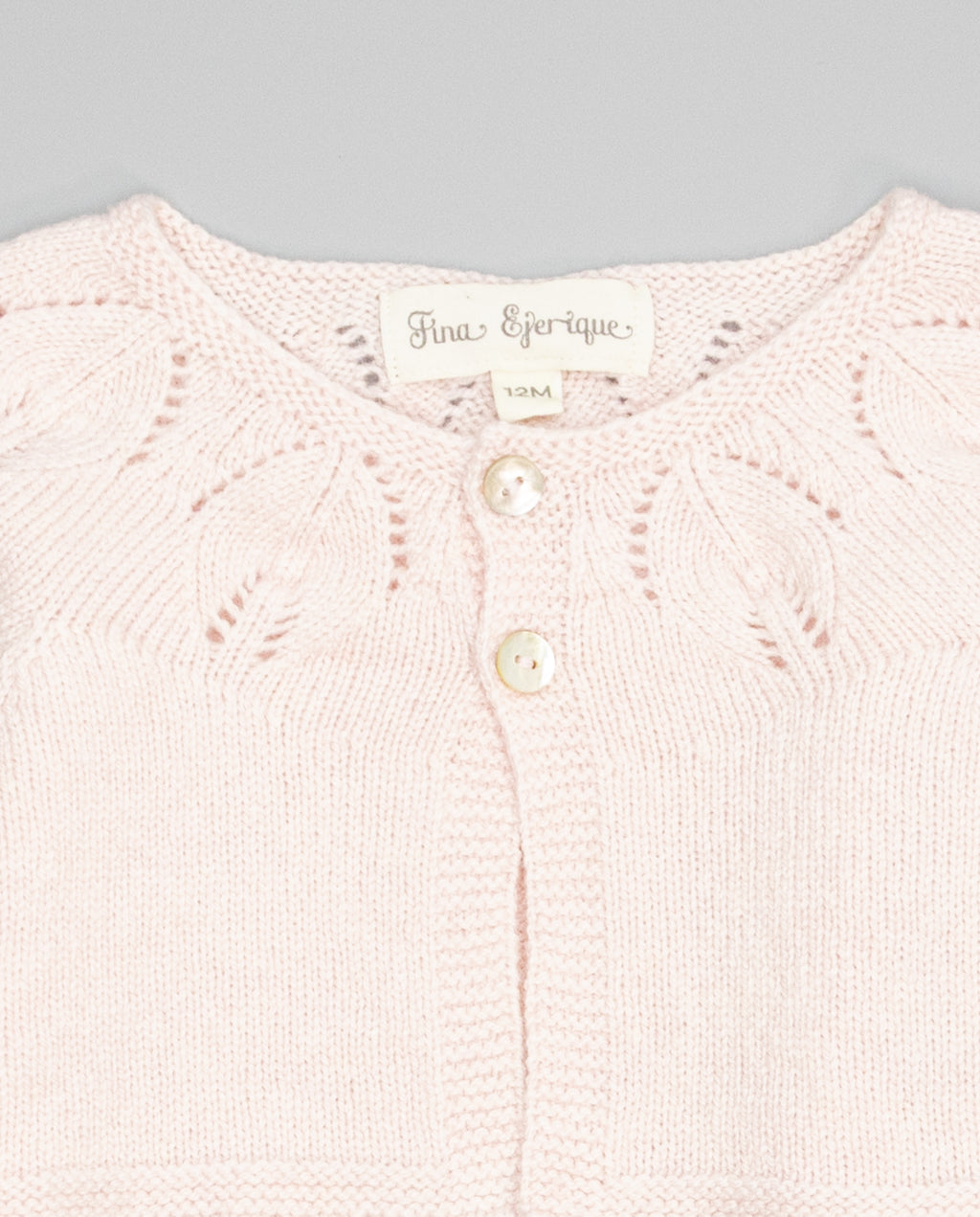 Pink girls cashmere cardigan with eyelets and pearl buttons