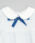 Baby girls blue gingham dress with white collar and contrast velvet bow