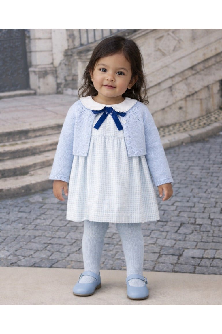 Baby girls blue gingham dress with white collar and contrast velvet bow