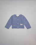 Blue knitted kids cardigan with metallic bow and pearl initial button