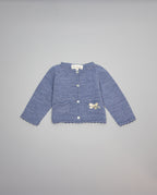 Blue knitted kids cardigan with metallic bow and pearl initial button