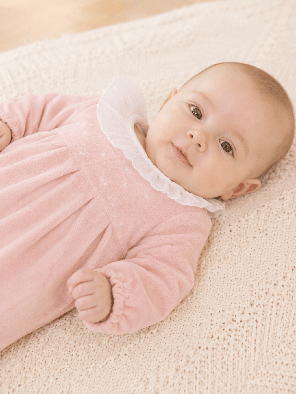 Pink Velour Footed Onesie with Ruffled Collar - Mi Nina Kids