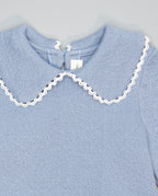 Blue textured knit sweater with guipure collar