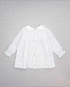 Baby girls blue gingham dress with white collar and contrast velvet bow