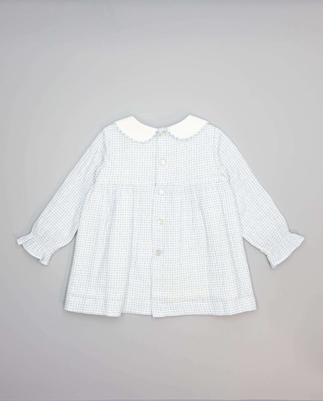 Baby girls blue gingham dress with white collar and contrast velvet bow
