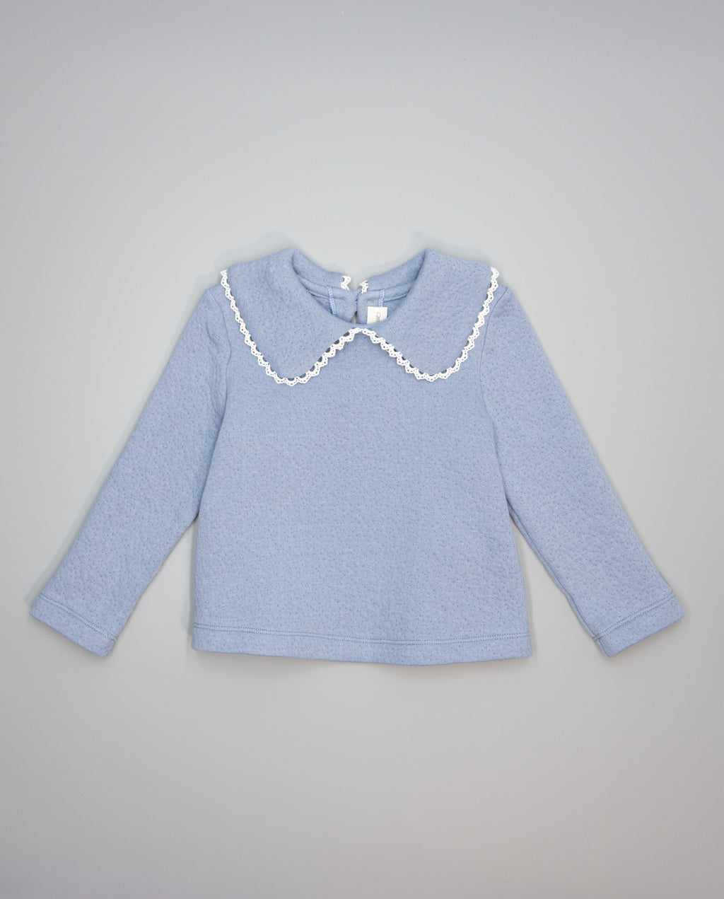 Blue textured knit sweater with guipure collar
