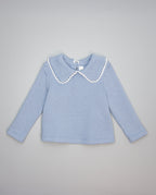 Blue textured knit sweater with guipure collar