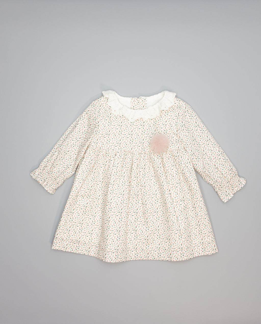 Baby pink floral viella dress with embroidered ruffled collar and long sleeves. 